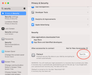 Apple MacBook 'enable filevault' screenshot